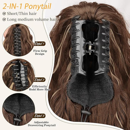 ORSUNCER Ponytail Extension Claw 18" Curly Pony Tail Clip in Claw Hair Extensions Fluffy Natural Looking Synthetic Hairpiece for Women Blonde Highlight