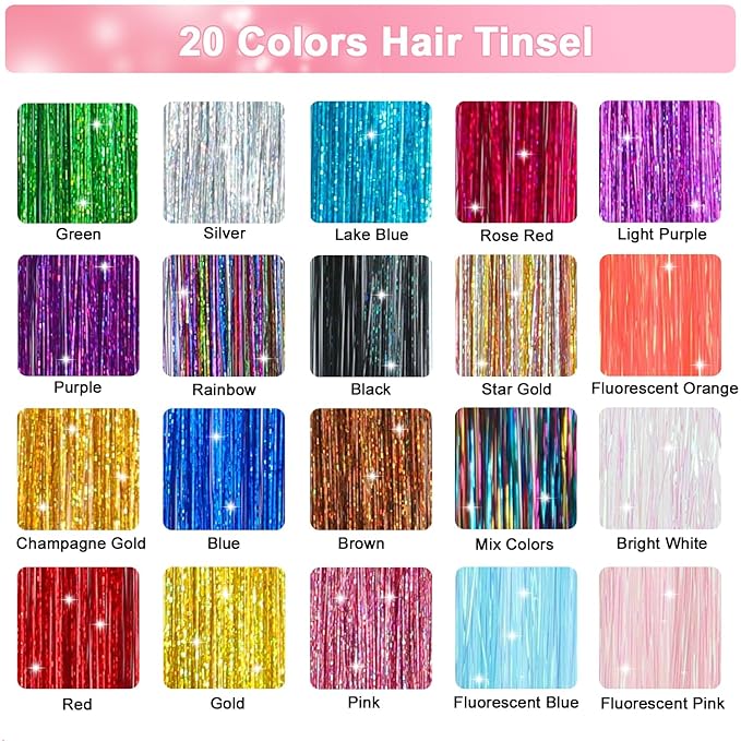20 Colors Hair Tinsel Kit with Tools 48 Inch 4600 Strands Fairy Hair Tinsel Heat Resistant Glitter Tinsel Hair Extensions Hair Accessories Hair Tinsel Kit for Girls Women Kids (20 Colors)