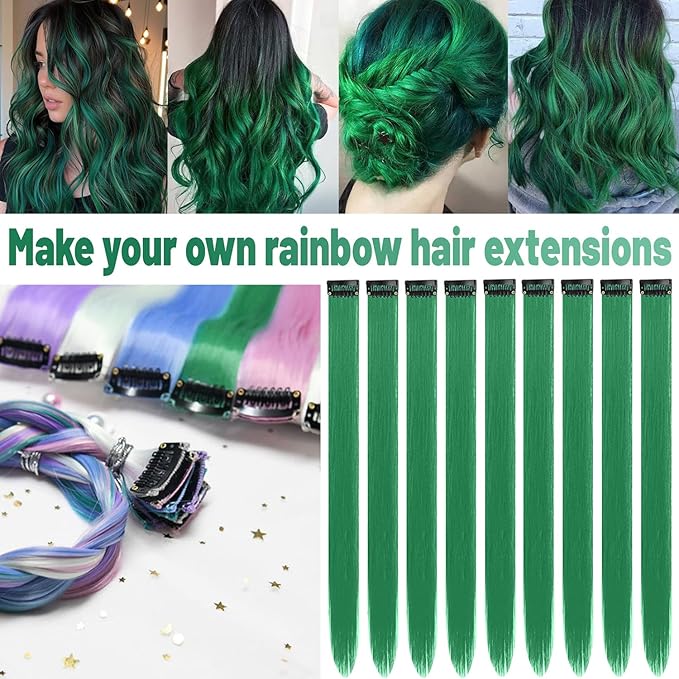 22 inch Colored Hair Extensions, Colorful Party Highlights Clip in Synthetic Hair Extensions, Color Long Straight Hairpieces for Girls Women Kids Favor Gift(10 PCS Dark Green)