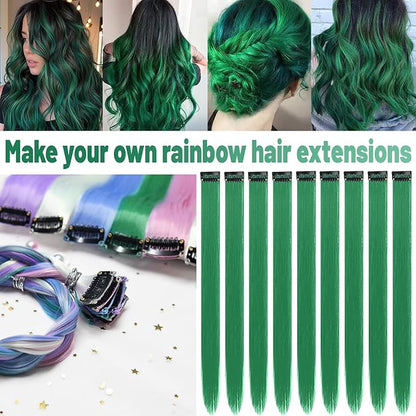 22 inch Colored Hair Extensions, Colorful Party Highlights Clip in Synthetic Hair Extensions, Color Long Straight Hairpieces for Girls Women Kids Favor Gift(10 PCS Dark Green)