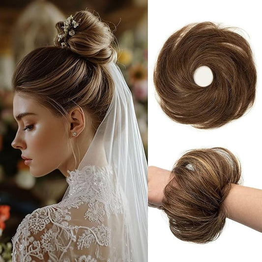 1PCS Messy Bun Hair Piece Human Hair Natural Curly 100% Real Human Hair Chignons Scrunchies Hair Fluffy Hair Buns for Women Bun Donut Updo Hair Pieces Bun Extension (#4/27 Medium Brown/Dark Blonde)