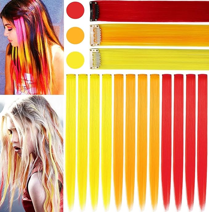 12 PCS Colored Hair Extensions, Multi-colors Hairpieces Party Highlights Clip in Synthetic Hair Extensions 20 Inch for Women and Girls (Red Orange Yellow)