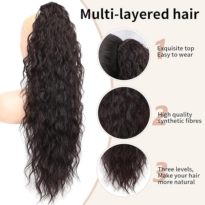 ORSUNCER Ponytail Extension Claw 26" Curly Pony Tail Clip in Claw Hair Extensions Fluffy Natural Looking Synthetic Hairpiece for Women Black Brown