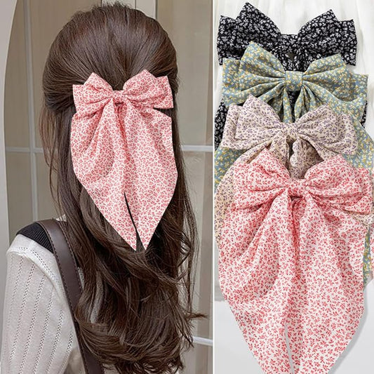 4 PCS Premium Hair Bows Claw Clips for Women & Girls in Black - Satin Non-Slip Bow-knot Hair Clips for Thick or Thin Hair, Big Bows
