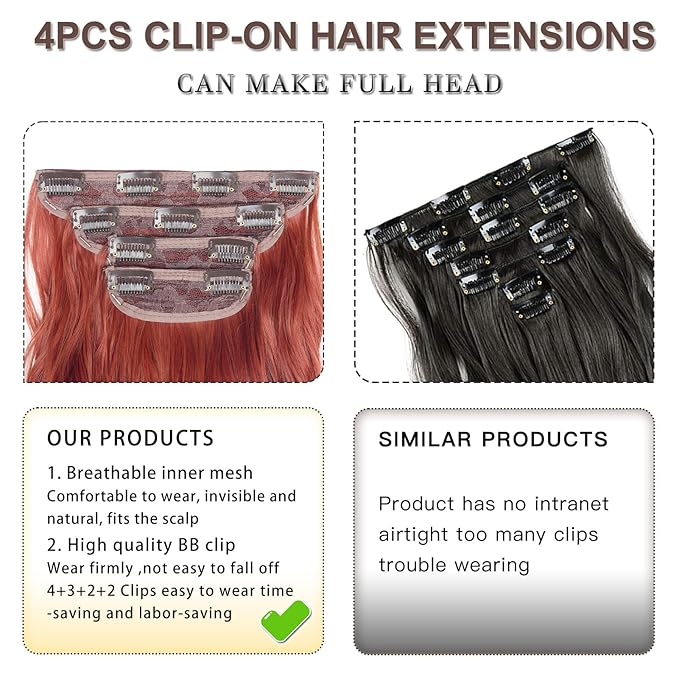 20 Inches Clip in Hair Extensions Double Weft Copper Red Long Wavy Hair Extensions for Women 4PCS Thick Hairpieces Synthetic Fiber (Copper Red)