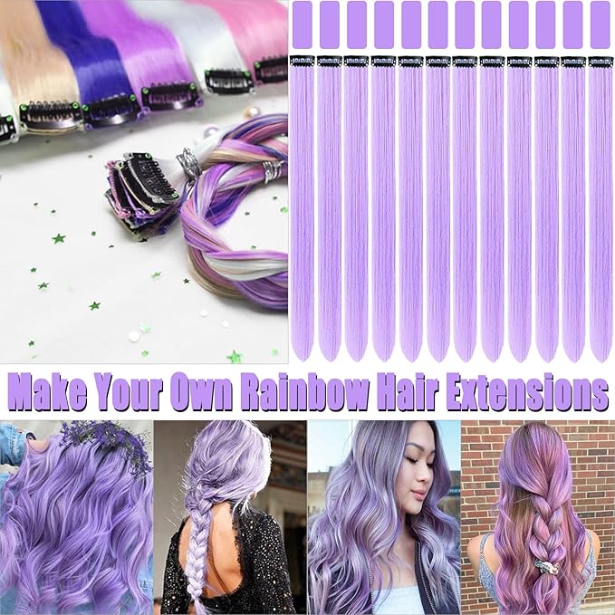 12 PCS Light Purple Hair Extensions Clip in, 20 Inch Colored Hair Extensions Party Highlights Long Straight Synthetic Hairpieces for Women Kids Girls Halloween Christmas Cosplay