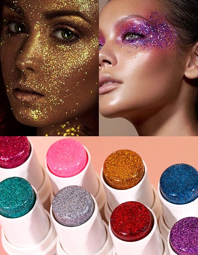 Body Glitter Stick, Chunky Gel for Face and Hair, Purple Makeup, Sparkling Holographic Mermaid Sequins Paint, Waterproof Multiuse Glitter, 03#Golden