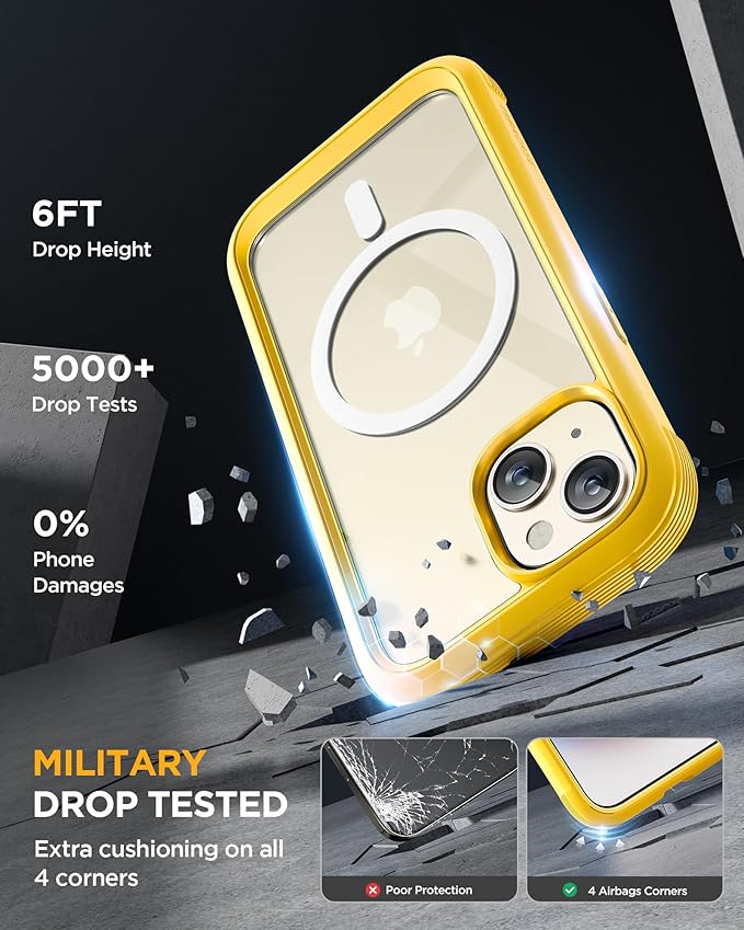 Miracase Magnetic for iPhone 15 Plus Case 6.7'' [Compatible with Magsafe] Full-Body Military Drop Proof 15 Plus Phone Case Cover with Built-in 9H Tempered Glass Screen Protector,Magnetic Yellow