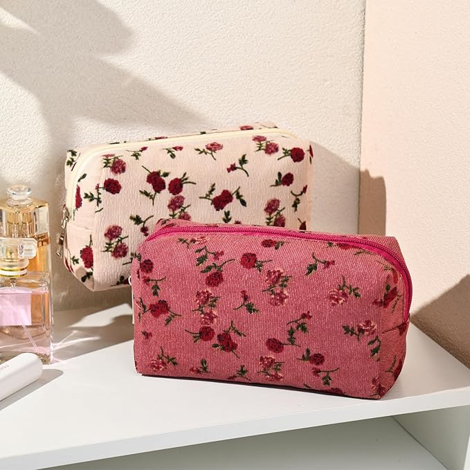 2 Pieces Makeup Bag Floral Cosmetic Bag Purple Blue Makeup Pouch Travel Toiletry Bag Organizer Cute Makeup Brushes Storage Bag for Women
