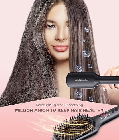 MEGAWISE Pro Ceramic Ionic Hair Straightener Brush for Home Salon | MCH Fast 20s Heating Tech with Auto-Off Safety | Anti-Scald with Universal Dual Voltage | Rotatable Power Cord