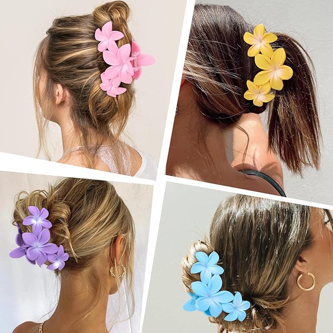 4PCS Hawaiian Plumeria Large Claw Clips for Women - Non-Slip Strong Hold Flower Hair Clips for Thick Hair (Colorful)