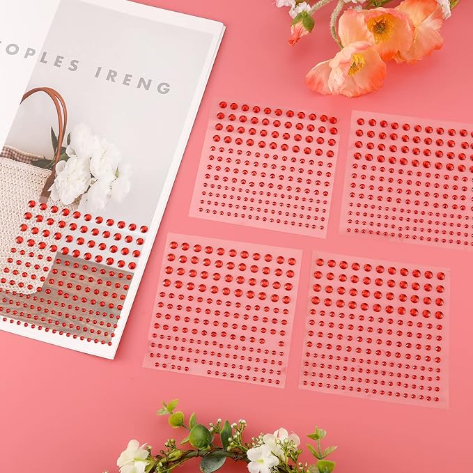 5 Sheets Face Gems Jewels Rhinestone Stickers, 4 Size Self Adhesive Gems Stickers DIY Bling Jewel Crystal Craft Stickers for Nails Hair Face Eyes Body (Red)