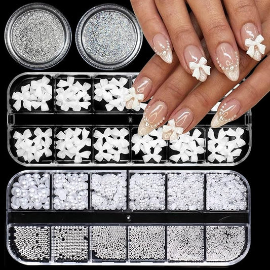 Nail Art Pearls Flatback Rhinestones Bow-Knot Nail Charms Silver Beads White Half Round Supplies Luxurious Design Jewelry DIY Crafts Accessories for Women Manicure Decorations