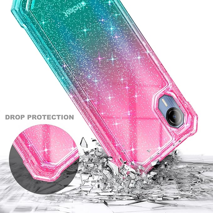 Designed for Cricket Debut S2, AT&T Calypso 4 Case with [Built-in Screen Protector] [6FT Military Grade Drop Tested] Full-Body Protective Shockproof Bumper Case (Glitter Pink/Aqua)