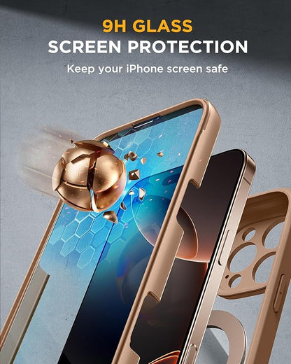 Miracase for iPhone 16 Pro Max Case with 360° Magnetic Ring Stand [Compatible with Magsafe] Full-Body Drop Proof Bumper Phone Case with Built-in 9H Tempered Glass Screen Protector,Brown