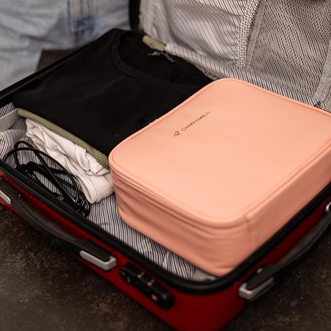 (Not Made In China) 2 Pack, Makeup Train Case, Cosmetic Travel Organizer For Professional Beauty Artist, Portable Storage Bag W/Adjustable Dividers For Jewelry and Brushes (Pink, Small)