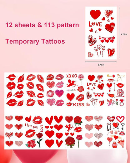 Heart Temporary Tattoos for Kids, 12 Sheets Love Confession Decorations for Classroom Girls Boys School Class Bday, 113pcs Pattern for Festivals and Parties (Red - Love)