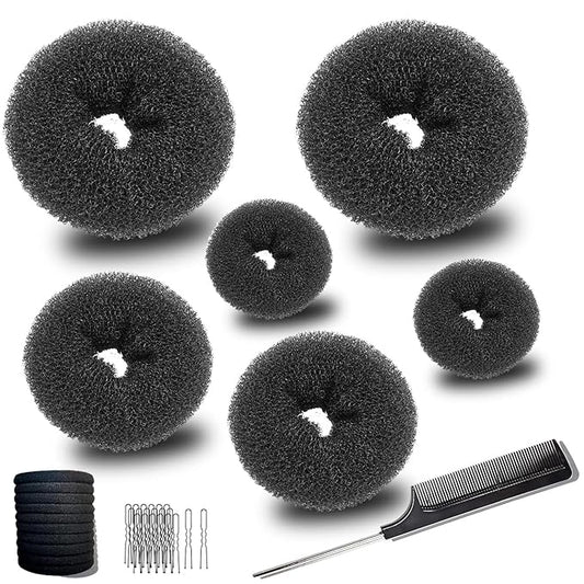 Hair Bun Maker Set, 37 Pieces (2 Large, 2 Medium, 2 Small) Donut Bun Makers, 10 Elastic Hair Ties, 20 Bobby Pins, 1 Comb - Black