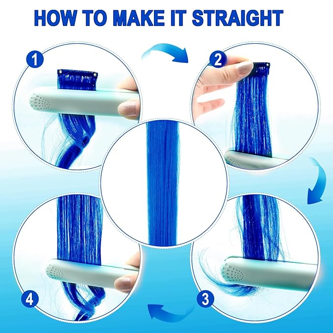 10 PCS Blue Clip-in Curly Wavy Synthetic Hair Extensions, Rainbow Neon Party Highlights, Colorful Hair Accessories for Kids, Girls, Women, 17 Inch