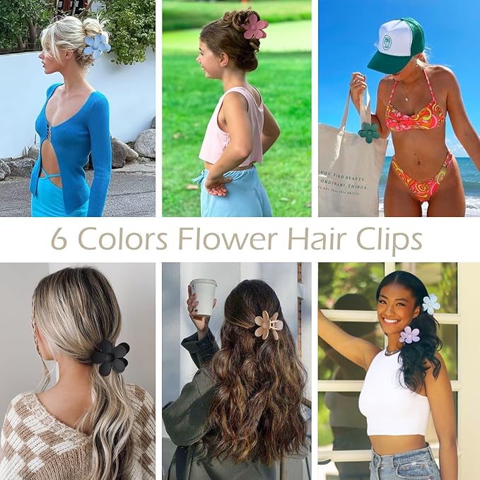 Flower Hair Clips 6 PCS Flower Claw Clips for Women Matte Large Claw Clips Strong Hold Jaw Clamps Hair Accessories for Thick Hair 6 Colors