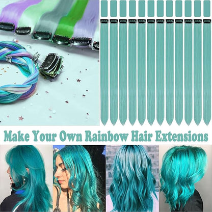 12 PCS Teal Blue Hair Extensions Clip in, 20 Inch Colored Party Synthetic Neon Highlights Extensions, Rainbow Hair Accessories for Girls Women Kids Hair Pieces (Teal Blue)