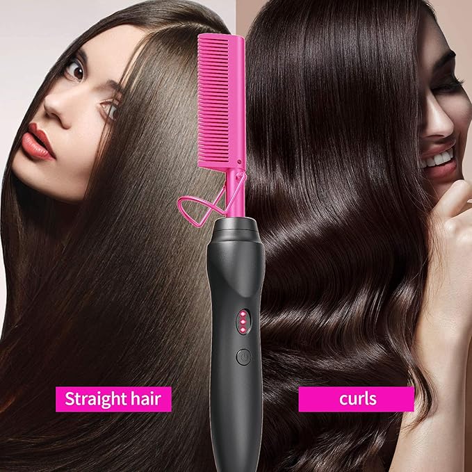 Hot Comb Hair Straightener Heat Pressing Combs - Ceramic Electric Straightening Comb for Natural Black Beard Wigs Holiday Gift- Pink