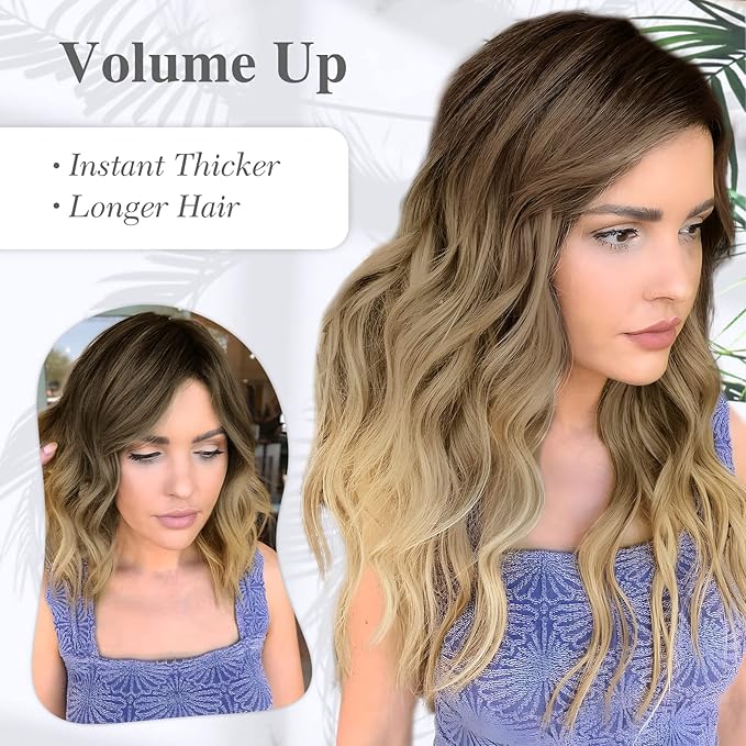 MORICA Invisible Wire Hair Extensions - 20 Inch Ombre Blonde Long Wavy Synthetic Hairpiece with Transparent Wire Adjustable Size, 4 Secure Clips for Women