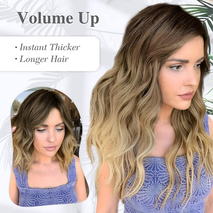 MORICA Invisible Wire Hair Extensions - 20 Inch Ombre Blonde Long Wavy Synthetic Hairpiece with Transparent Wire Adjustable Size, 4 Secure Clips for Women