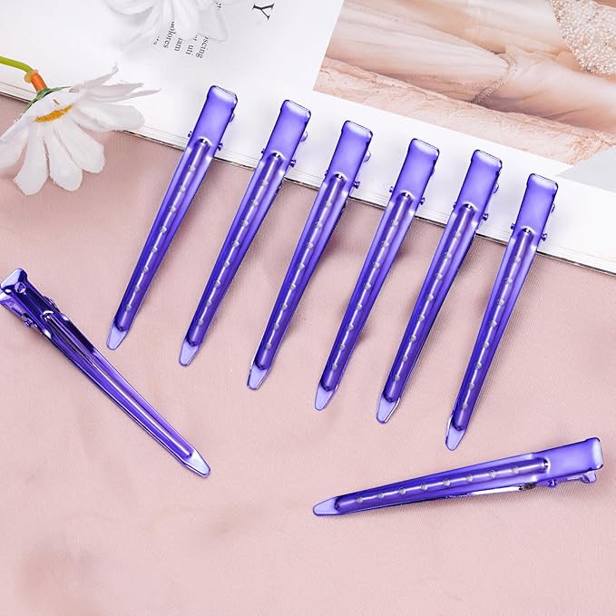24 Packs Duck Bill Clips, Bantoye 3.35 Inches Rustproof Metal Alligator Curl Clips with Holes for Hair Styling, Hair Coloring, Bright Purple