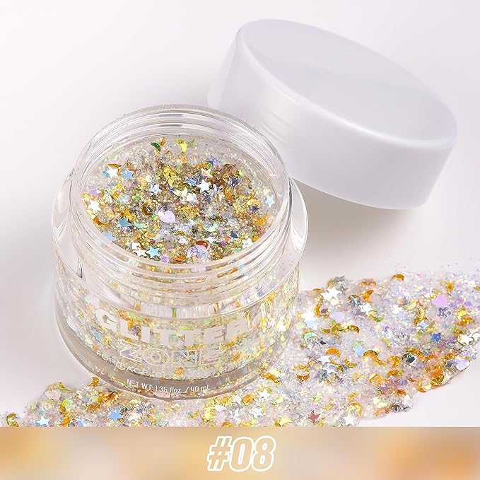Holographic Body Glitter Gel - Cosmetic-Grade, Color Changing Halloween Glitter Makeup Glitter for Face, Body, and Hair, Safe and Easy to Use, Perfect for Festivals Parties (08 Golden Starlight)