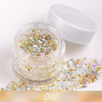 Holographic Body Glitter Gel - Cosmetic-Grade, Color Changing Halloween Glitter Makeup Glitter for Face, Body, and Hair, Safe and Easy to Use, Perfect for Festivals Parties (08 Golden Starlight)