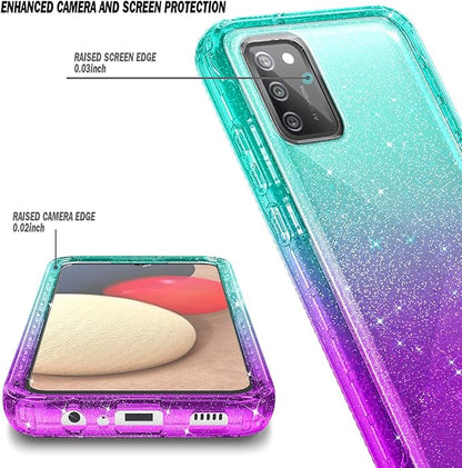 NZND Case for Samsung Galaxy A03S with [Built-in Screen Protector], Full-Body Protective Shockproof Rugged Bumper Cover, Impact Resist Phone Case (Glitter Aqua/Purple)