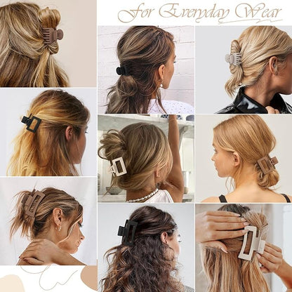 Medium Claw Hair Clips Set for Women - 3 Styles, 9 pcs Rectangle Clips for Thick Hair, Square Clips for Thin Hair - Brown