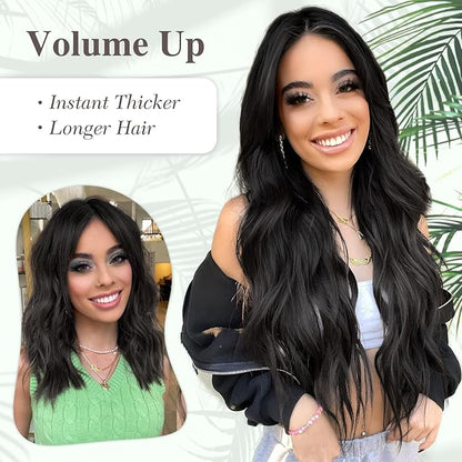 MORICA Halo Hair Extensions 20 Inch Natural Black Invisible Wire Hair Extensions,Long Wavy Synthetic Hairpiece with Transparent Wire Adjustable Size, 4 Secure Clips for Women