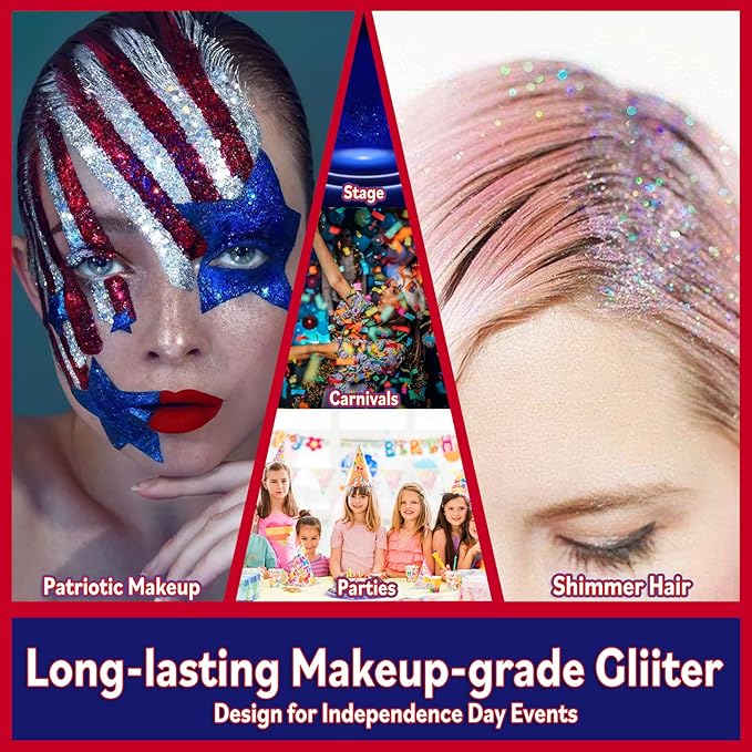 Allstarry Chunky Body Glitter 4 Colors Cosmetic Patriotic Face Glitter Independence Day Hair Sequins Sparkle Veterans Day Eye Flakes 4th of July Accessories for Olympics Party Women Face Paint Makeup