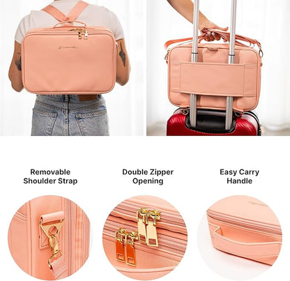 (Not Made In China) Makeup Train Case, Cosmetic Organizer Bag, Travel Make Up Storage With Adjustable Dividers For Cosmetics, Jewelry, Fragrance, Nail Polish and Brushes (1, Pink, Large)
