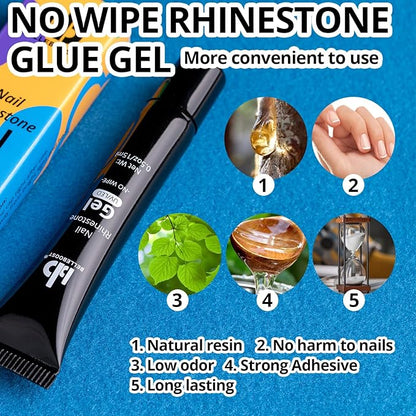 Nail Art Rhinestone Glue Gel&2 Boxes Flatback Gems Kit, 1 Tube of 15ml Rhinestone Gel Glue+Round AB&Clear Gems+Flat-Back Half Round White&Beige Pearls with Pickup Tools