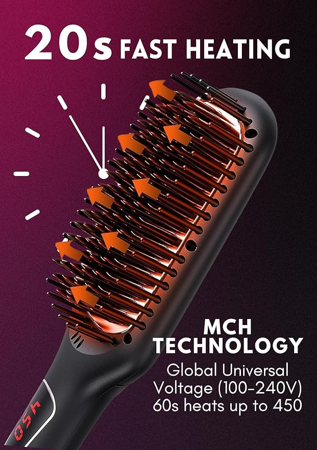 MEGAWISE Pro Ceramic Ionic Hair Straightener Brush for Home Salon | MCH Fast 20s Heating Tech with Auto-Off Safety | Anti-Scald with Universal Dual Voltage | Rotatable Power Cord