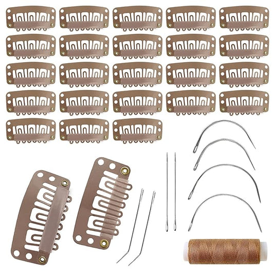 25Pcs 32mm Hairpieces Snap Clips U Shape Wig Clips for Hair Extensions Making Wig Accessories Set Tools (Light Brown)