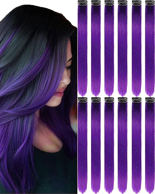 12 PCS Purple Hair Extensions Clip in, 22-Inch Colored Hair Extensions Party Highlights Long Straight Synthetic Hairpieces for Women Kids Girls Halloween Christmas Cosplay