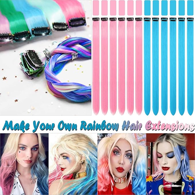 12 PCS Clip in Pink and Lake Blue Hair Extensions, 20 Inch Colorful Hair Accessories, Synthetic Straight Hairpiece for Kids Girls Women (Pink and Lake Blue)