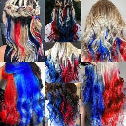 16 Pcs Colored Hair Extensions Curly Wavy Clip in Synthetic Hair Extensions,Colorful Party Highlights Hairpiece Streak for Girls Women Kids (Red Blue)