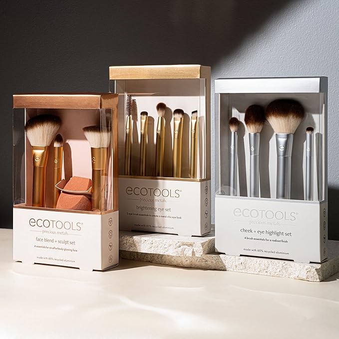 EcoTools Precious Metals Face Blend & Sculpt Set, Makeup Brush Set For Foundation, Concealer, & Powder, Makeup Sponge, Eco-Friendly, Recycled Aluminum, Chrome, Cruelty-Free, 4 Piece Set