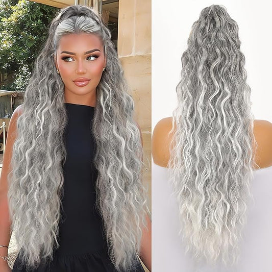ORSUNCER Ponytail Extension Claw 30" Curly Pony Tail Clip in Claw Hair Extensions Fluffy Natural Looking Synthetic Hairpiece for Women Omber Grey
