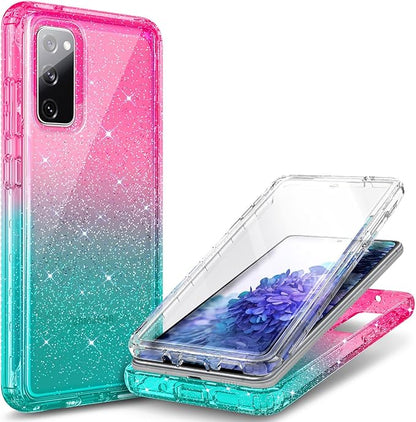 NZND Designed for Samsung Galaxy S20 FE 5G Case with [Built-in Screen Protector], Full-Body Protective Shockproof Rugged Bumper Cover, Impact Resist Case (Glitter Pink/Aqua)