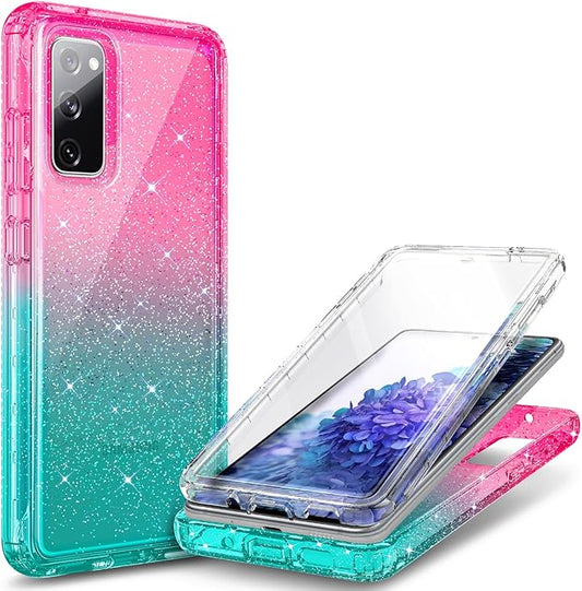 NZND Designed for Samsung Galaxy S20 FE 5G Case with [Built-in Screen Protector], Full-Body Protective Shockproof Rugged Bumper Cover, Impact Resist Case (Glitter Pink/Aqua)