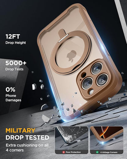 Miracase for iPhone 16 Pro Max Case with 360° Magnetic Ring Stand [Compatible with Magsafe] Full-Body Drop Proof Bumper Phone Case with Built-in 9H Tempered Glass Screen Protector,Brown