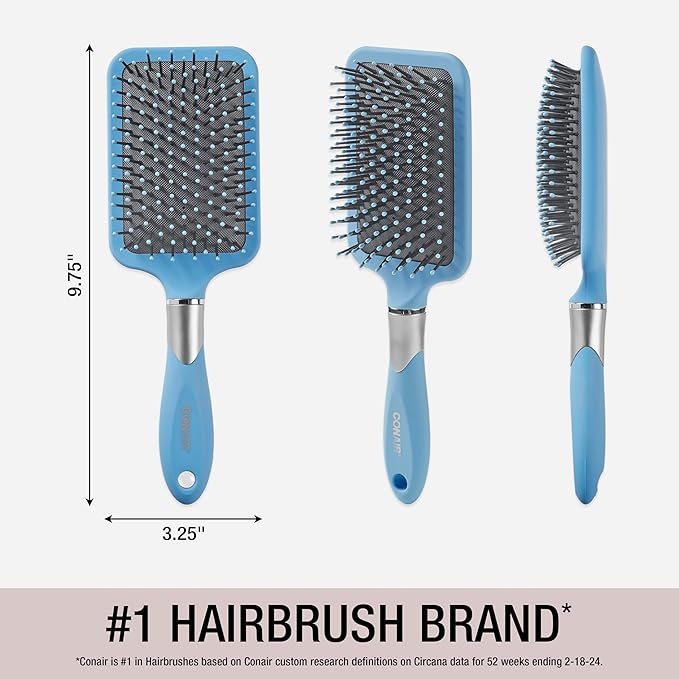Conair Velvet Touch Paddle Cushion hair brush - Detangling hairbrush - curly or straight styles - men or women - detangler - features soft touch handle - Sky Blue