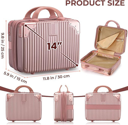Noverlife 14 Inch Portable Makeup Travel Case Hand Luggage, Pressure-proof ABS Carrying Makeup Case Suitcase with Elastic Band, Small Hard Shell Cosmetic Case for Travel Camping Women Girl - Rose Gold