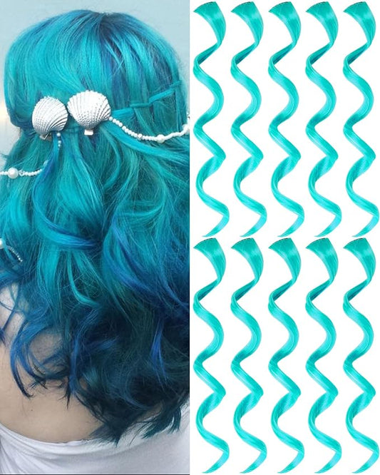 10 PCS Teal Blue Hair Extensions, Curly Wavy Synthetic Hairpieces Clip in Rainbow Neon Party Highlights, Colorful Hair Accessories for Girls Women 17 inch (Teal Blue)